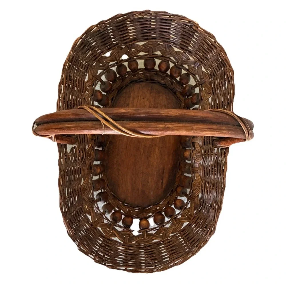 Handwoven Willow Wooden Bead Gathering‎ Basket Philippines Vintage 1980s